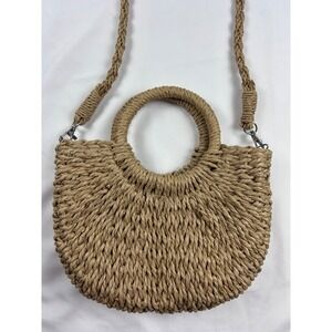Half-Round Woven Straw Clutch & Crossbody Bag Removable Strap Beach Boho